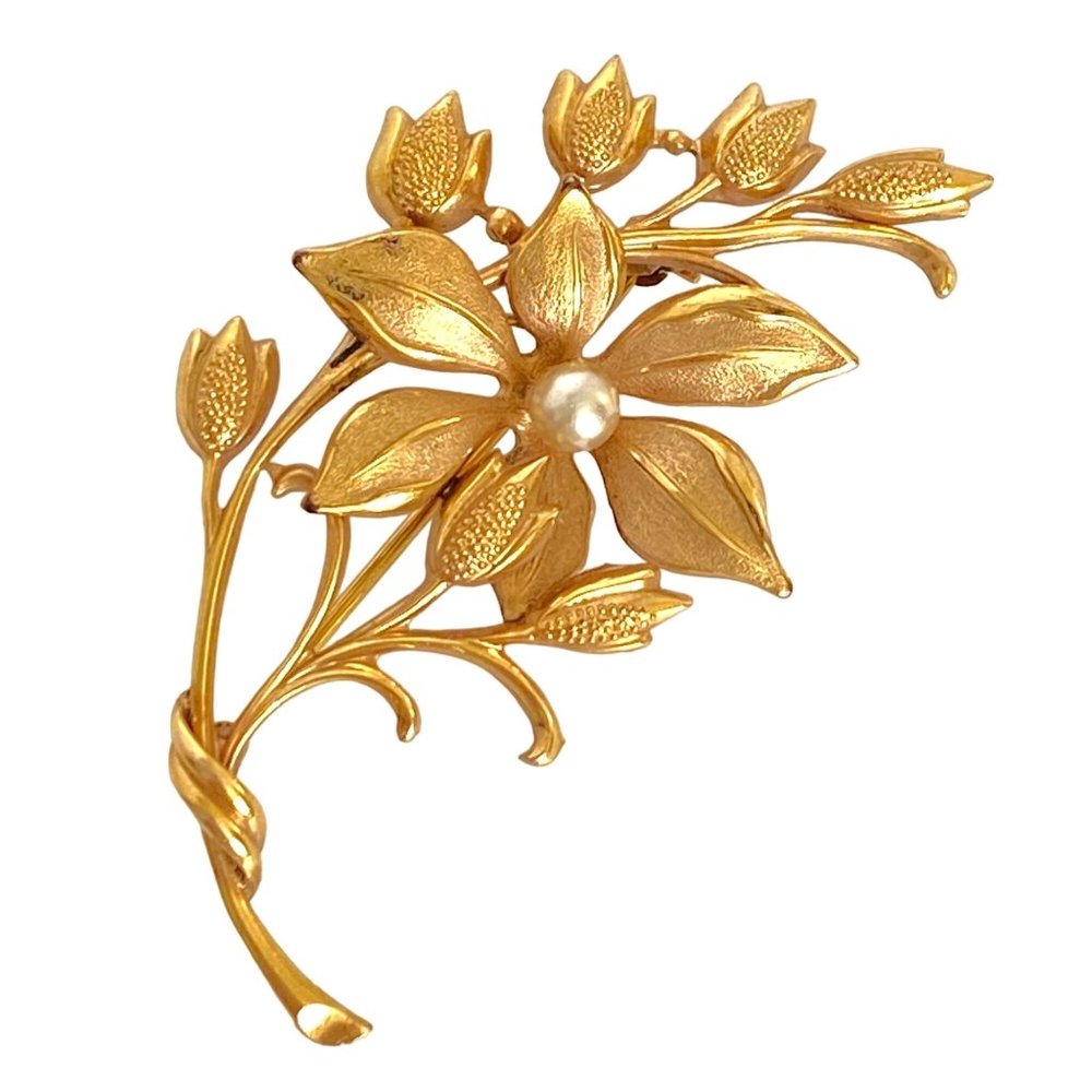 c1900 Andreas Daubs German Flower Seed Pearl 9K Double Gold Plate Antique Brooch